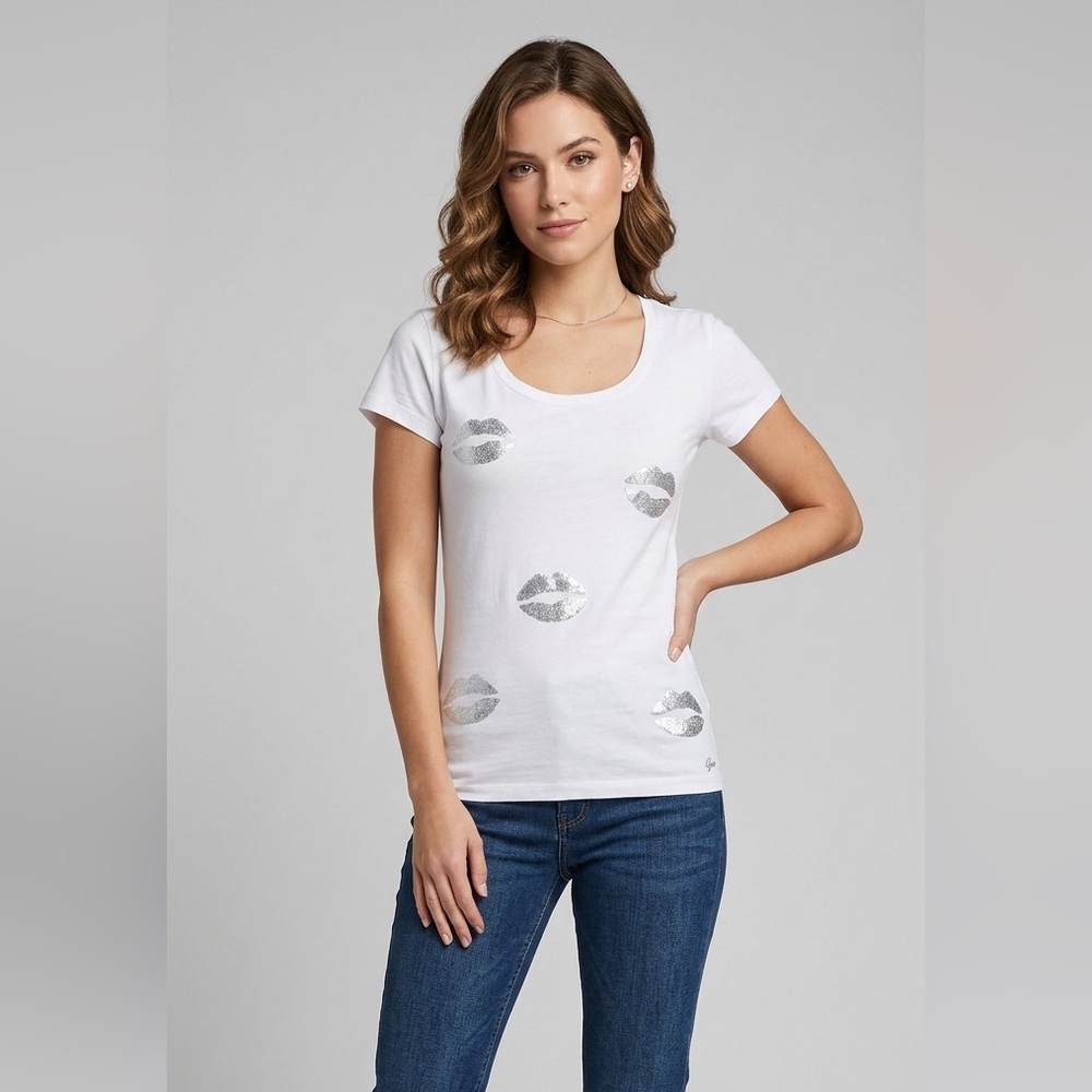 New Guess women sequin lips scoop neck t shirt top White Sz L